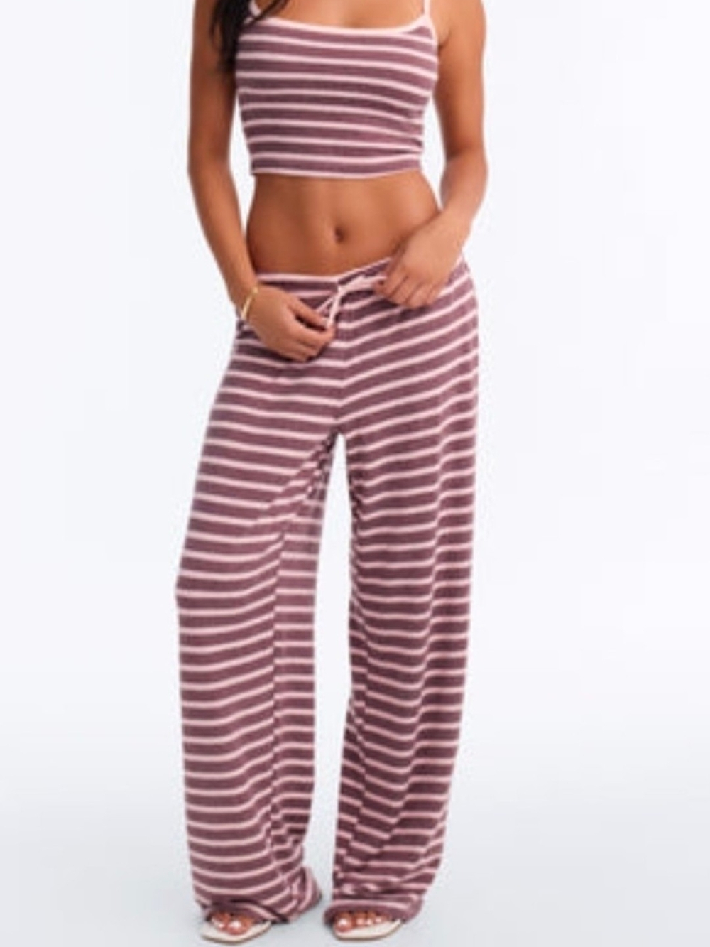 Fashion Nova Mauve & Cream Striped Crop Tank with Wide-Leg Pajama Pants